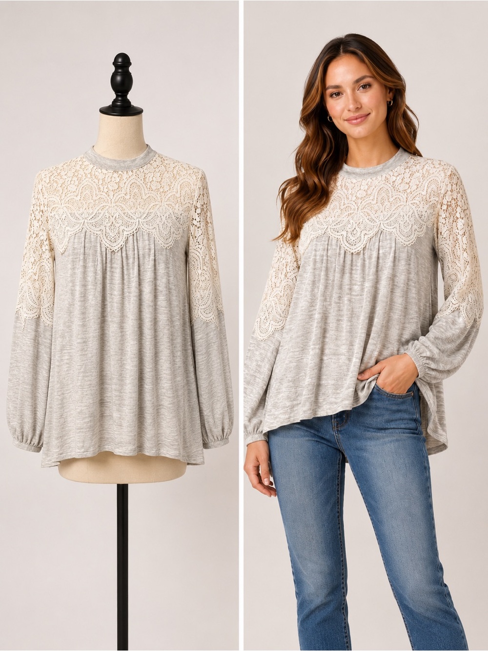 Anthropologie Gray Lace Peasant Top M Boho Cottagecore Romantic‎ Long Sleeve